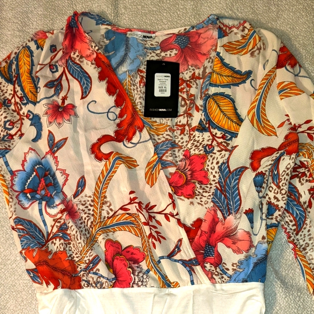 Fashion Nova Floral Print Wrap Bodysuit in White, Red, Blue, Yellow